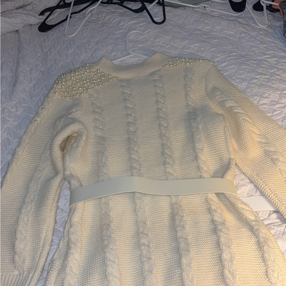 Elegant Cream Cardigan dress with Belt - Picture 3 of 3